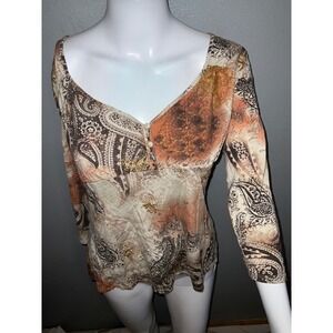 ACCESS Y2K Baby Doll Top Paisley Print Boho  3/4 Sleeve Top Brown Orange Large
